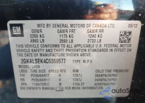 2012 GMC Terrain Sle-2 z USA, uszkodzony, nr VIN 2GKALSEK4C6359577